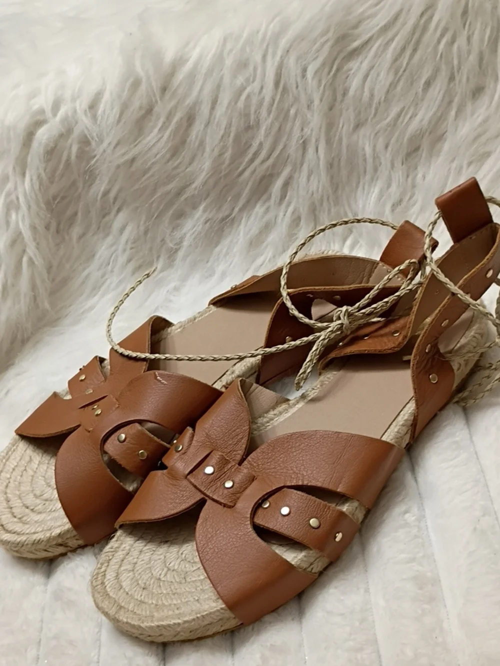 Bruno Magli Perla Tan Leather Espadrille Sandals with Gold Studs New With Flaws
